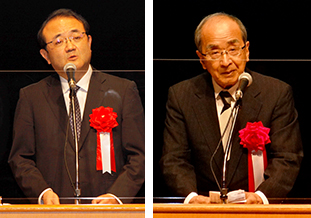 (左から)丸山文部科学審議官と広瀬大分県知事の祝辞