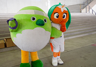 めじろんもシンボルカラーの紫色のバンダナを<br />身につけアピール活動（FC愛媛のたま姫と）